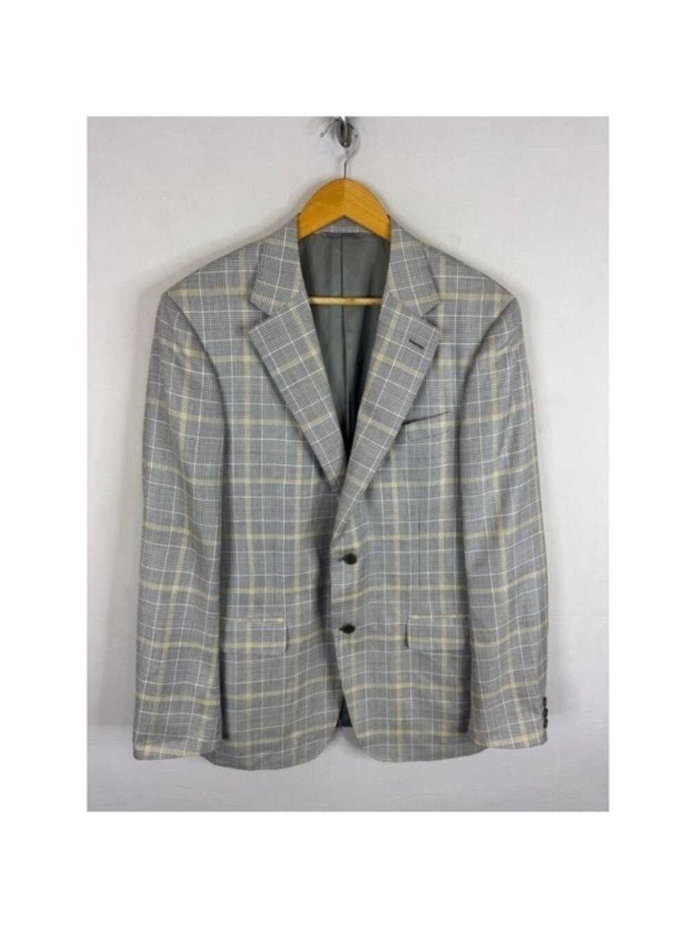 Canali Mens Grey Glen Plaid Wool Silk Linen Blazer Sport Coat Italy 44L Tall